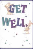 This delightfully illustrated get well card radiates the kind of warmth and playful optimism beloved by the Cockfosters community, echoing the joyful spirit of nearby family parks and bustling Broadway shops. Two endearing cartoon friends-a snuggly teddy bear with textured brown fur and a bright-eyed puppy with soft, floppy ears-team up to balance the large, colourful letters spelling out 'Get Well.' Indigo and teal hues shine brilliantly across the bold text, while a creamy background bathes the whole scene in gentle light, much as midday sunshine filters through trees in Cockfosters' green spaces. Around them, a scattering of twinkling stars in shades of purple and blue weaves a magical, hopeful aura, promising brighter days ahead. Each brushstroke reveals a touchable, almost three-dimensional quality to the bear's fluff and the puppy's soft coat, inviting one to imagine their affectionate embrace-the kind of comfort that lifts the spirits during recovery. Thoughtfully designed, just like the bouquets offered by local florists, this card is a tangible expression of genuine care. Ideal for sending heartfelt wishes to loved ones on the mend in Cockfosters, it delivers not only a cheerful message but an emotional balm, perfectly suited for brightening hospital rooms or cozy homes nearby.